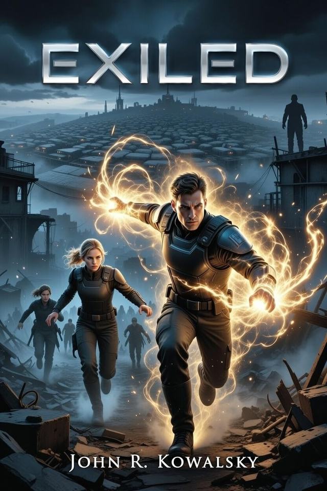Cover of Exiled. A man in dark armor runs through rubble with gold energy around his hands, a woman running behind him, and a ruined city under storm clouds.