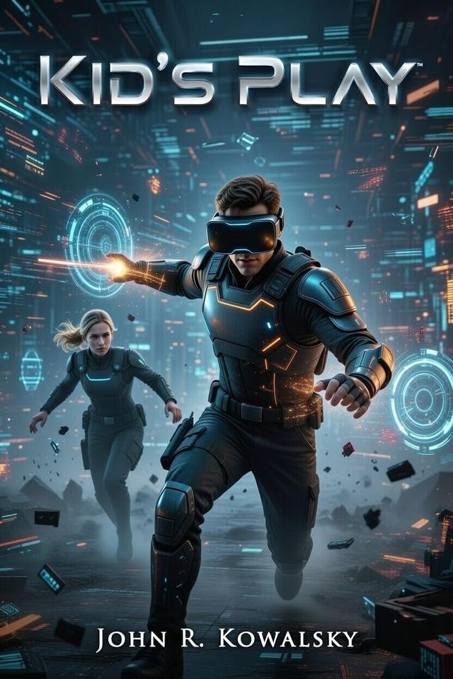 Cover of Kid's Play. A man in a visor and lit armor reaches forward with a beam of light, a woman running behind him through a blue digital city.