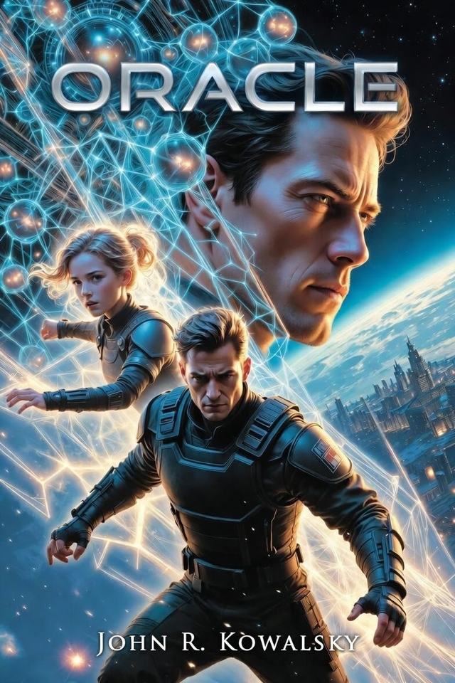 Cover of Oracle. A man in dark armor runs forward, a woman behind him, and a large portrait of an older man, against a glowing blue network and a city on the horizon.