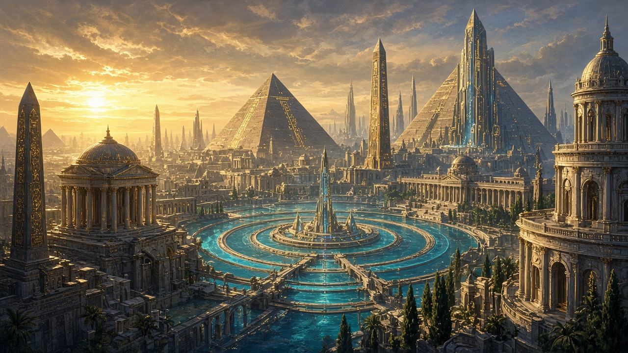 Cairos, a city of spires above a river.
