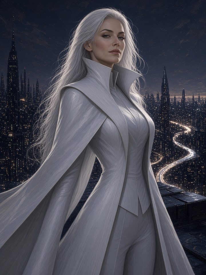 Portrait of Julia White, platinum-white hair and an ivory coat, on a rooftop above a night city.