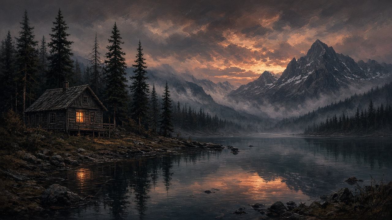 Taos Lake, a cabin on a moonlit shore.